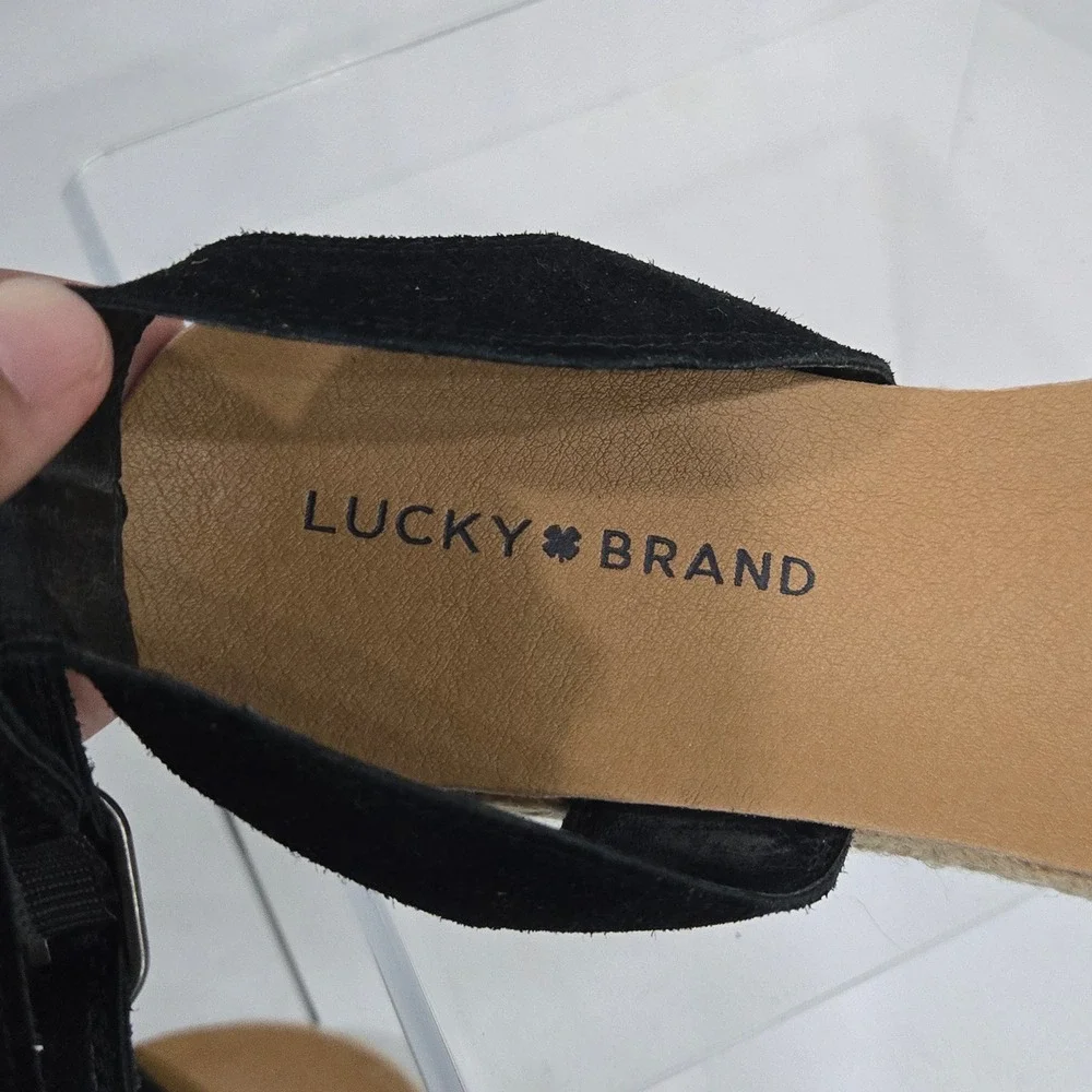 Lucky Brand Garston Black Suede Espadrille Sandals Ankle Strap Womens 8.5 M